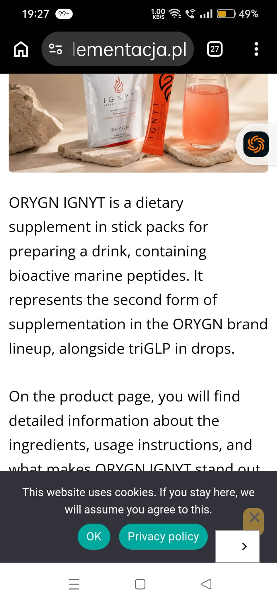 IGNYT pouch and sachet beside a prepared orange-coloured drink