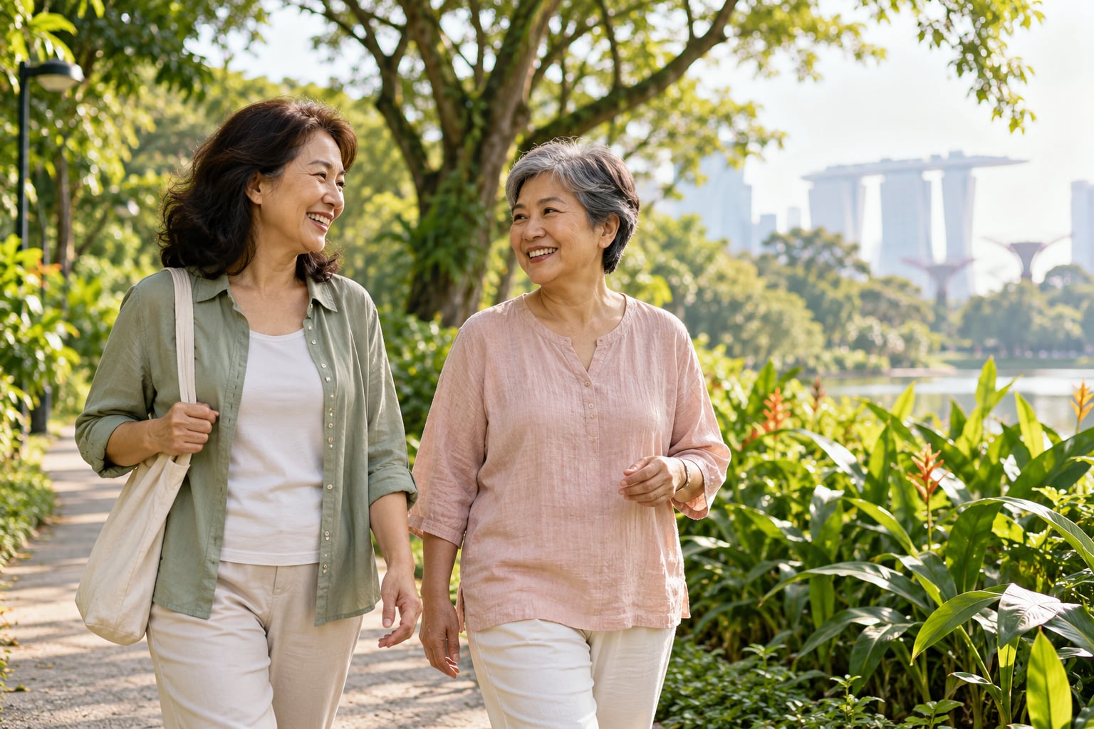 AI illustration of two friends enjoying a gentle walk in a Singapore park